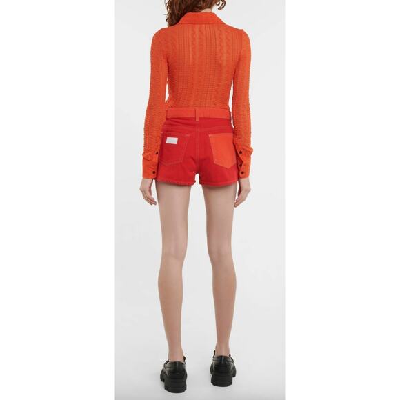 Ganni Colorblock High Rise Denim Shorts in Red/ Orange - Picture 9 of 13